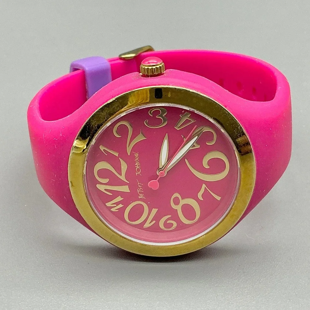Betsey Johnson Watch Hot Pink Gold Tone Oversized Numbers Quartz NEW BATTERY